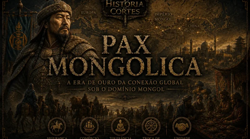 Capa histórica sobre a Pax Mongolica mostrando líder mongol, mapa da Eurásia e a Rota da Seda durante o Império Mongol.