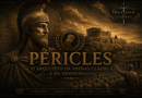 Péricles diante da Acrópole de Atenas em uma arte cinematográfica sobre a democracia ateniense e a Grécia Clássica.