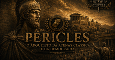 Péricles diante da Acrópole de Atenas em uma arte cinematográfica sobre a democracia ateniense e a Grécia Clássica.