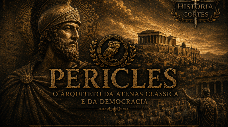 Péricles diante da Acrópole de Atenas em uma arte cinematográfica sobre a democracia ateniense e a Grécia Clássica.