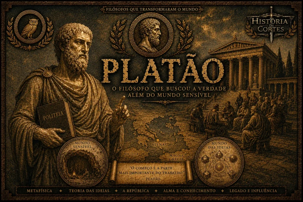 Ilustração cinematográfica de Platão em estilo histórico dourado e bronze, com elementos da filosofia grega, Academia de Atenas e teoria das ideias.