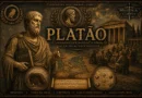 Ilustração cinematográfica de Platão em estilo histórico dourado e bronze, com elementos da filosofia grega, Academia de Atenas e teoria das ideias.