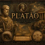 Ilustração cinematográfica de Platão em estilo histórico dourado e bronze, com elementos da filosofia grega, Academia de Atenas e teoria das ideias.