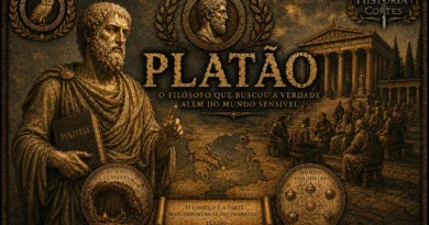 Ilustração cinematográfica de Platão em estilo histórico dourado e bronze, com elementos da filosofia grega, Academia de Atenas e teoria das ideias.