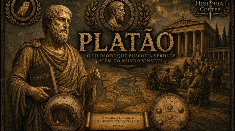 Ilustração cinematográfica de Platão em estilo histórico dourado e bronze, com elementos da filosofia grega, Academia de Atenas e teoria das ideias.