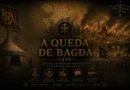 Ilustração histórica cinematográfica mostrando Bagdá em chamas durante a invasão mongol de 1258, com exército mongol cercando a cidade e atmosfera sombria em tons dourados e escuros.