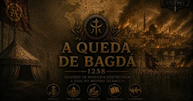 Ilustração histórica cinematográfica mostrando Bagdá em chamas durante a invasão mongol de 1258, com exército mongol cercando a cidade e atmosfera sombria em tons dourados e escuros.