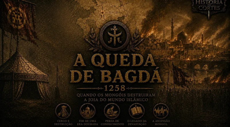 Ilustração histórica cinematográfica mostrando Bagdá em chamas durante a invasão mongol de 1258, com exército mongol cercando a cidade e atmosfera sombria em tons dourados e escuros.