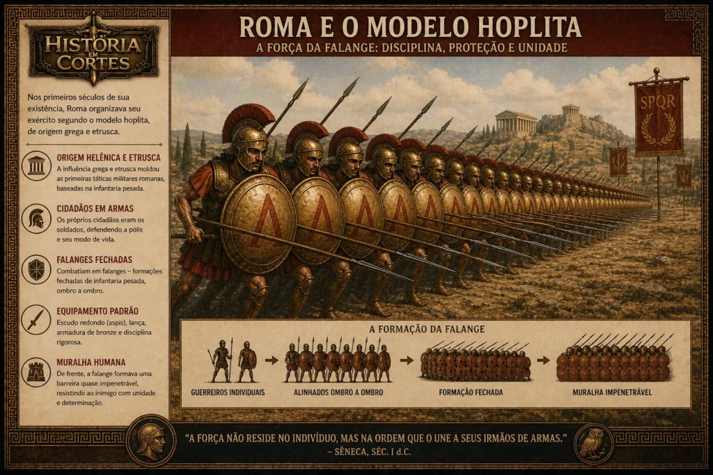 Exército romano primitivo organizado em falange hoplita com soldados alinhados ombro a ombro usando escudos redondos, lanças e armaduras de bronze