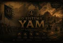 Ilustração cinematográfica do sistema Yam do Império Mongol, mostrando mensageiros a cavalo, uma cidade asiática medieval e um mapa da Ásia ao fundo em tons dourados e escuros.