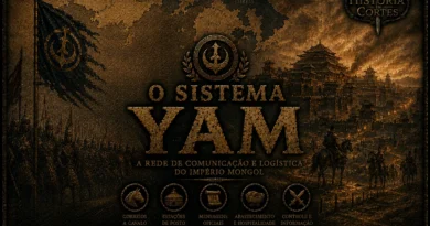 Ilustração cinematográfica do sistema Yam do Império Mongol, mostrando mensageiros a cavalo, uma cidade asiática medieval e um mapa da Ásia ao fundo em tons dourados e escuros.
