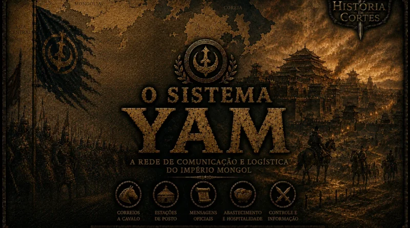 Ilustração cinematográfica do sistema Yam do Império Mongol, mostrando mensageiros a cavalo, uma cidade asiática medieval e um mapa da Ásia ao fundo em tons dourados e escuros.