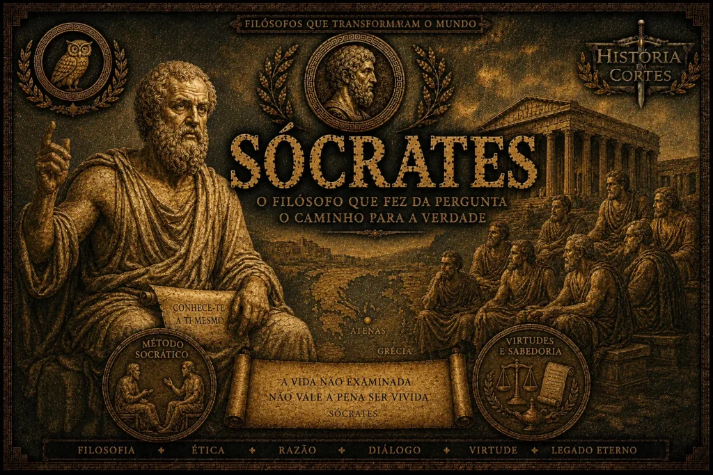 Ilustração de Sócrates ensinando em Atenas, representando o filósofo grego e o método socrático na Grécia Antiga.