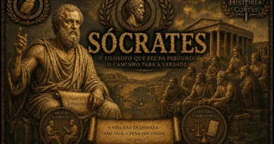Ilustração de Sócrates ensinando em Atenas, representando o filósofo grego e o método socrático na Grécia Antiga.