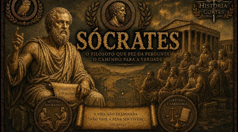 Ilustração de Sócrates ensinando em Atenas, representando o filósofo grego e o método socrático na Grécia Antiga.