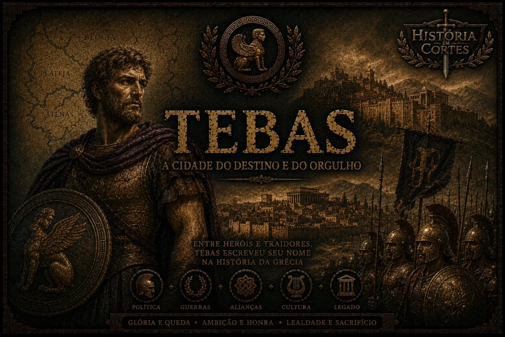 Ilustração cinematográfica de Tebas na Grécia Antiga, com guerreiro tebano, muralhas da cidade e soldados hoplitas ao fundo.
