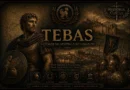 Ilustração cinematográfica de Tebas na Grécia Antiga, com guerreiro tebano, muralhas da cidade e soldados hoplitas ao fundo.