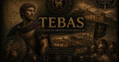 Ilustração cinematográfica de Tebas na Grécia Antiga, com guerreiro tebano, muralhas da cidade e soldados hoplitas ao fundo.