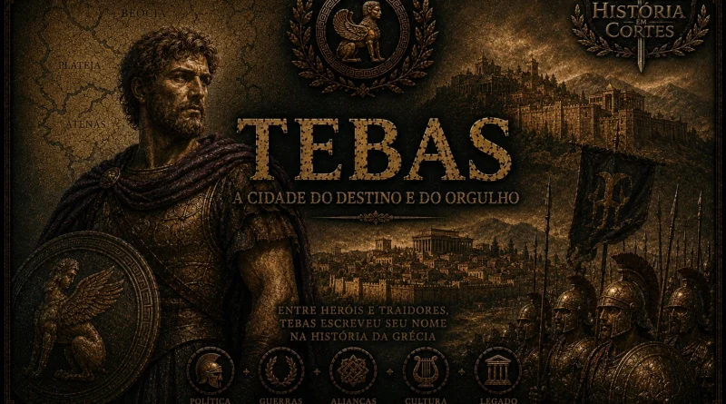Ilustração cinematográfica de Tebas na Grécia Antiga, com guerreiro tebano, muralhas da cidade e soldados hoplitas ao fundo.