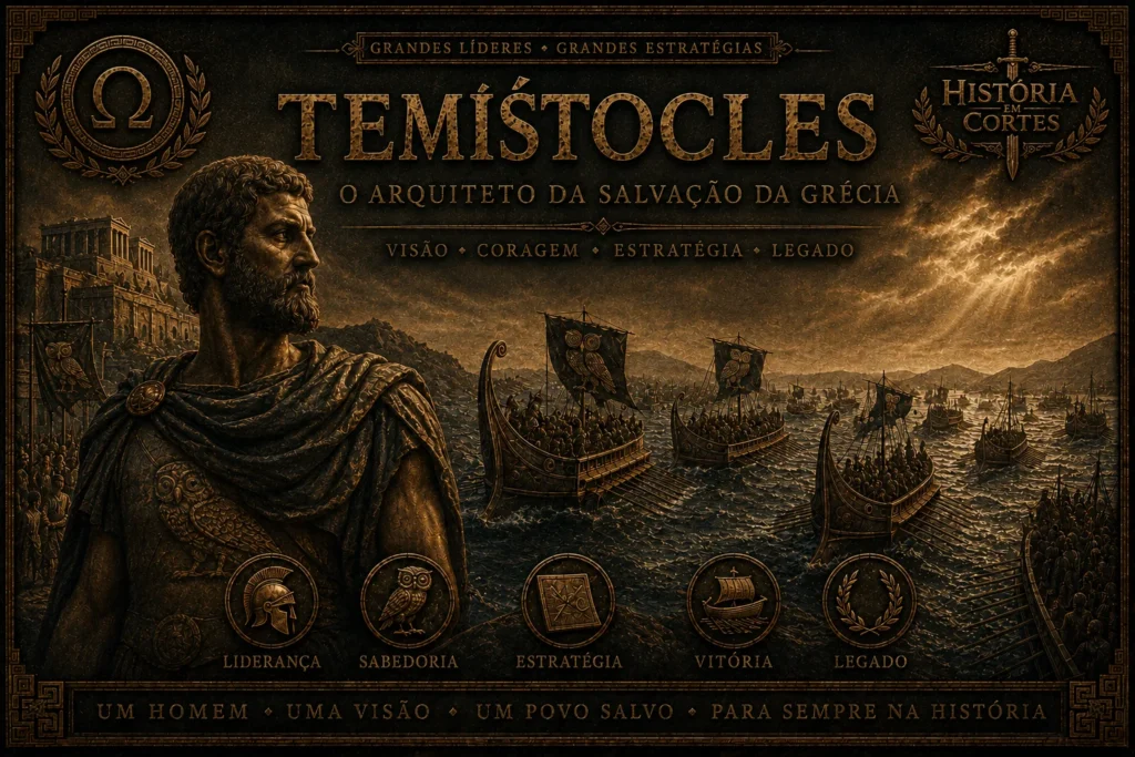 Arte histórica de Temístocles observando a frota ateniense durante as Guerras Médicas