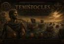 Arte histórica de Temístocles observando a frota ateniense durante as Guerras Médicas