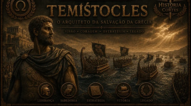 Arte histórica de Temístocles observando a frota ateniense durante as Guerras Médicas