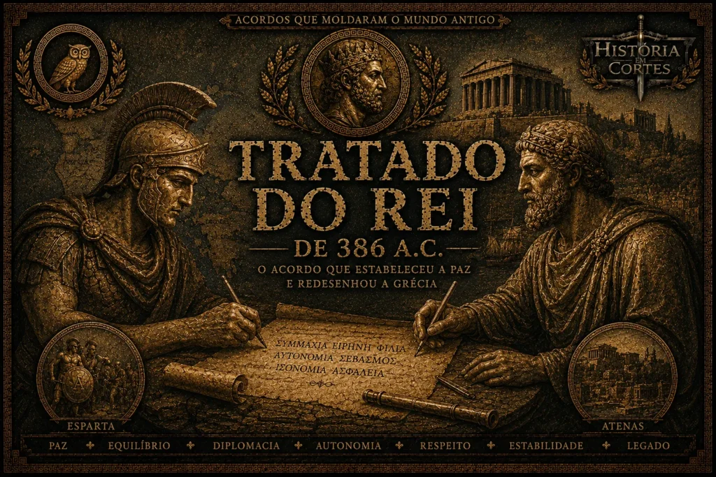 Ilustração histórica do Tratado do Rei de 386 a.C., mostrando representantes de Esparta e da Pérsia assinando o acordo que encerrou conflitos na Grécia Antiga.
