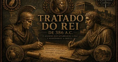 Ilustração histórica do Tratado do Rei de 386 a.C., mostrando representantes de Esparta e da Pérsia assinando o acordo que encerrou conflitos na Grécia Antiga.