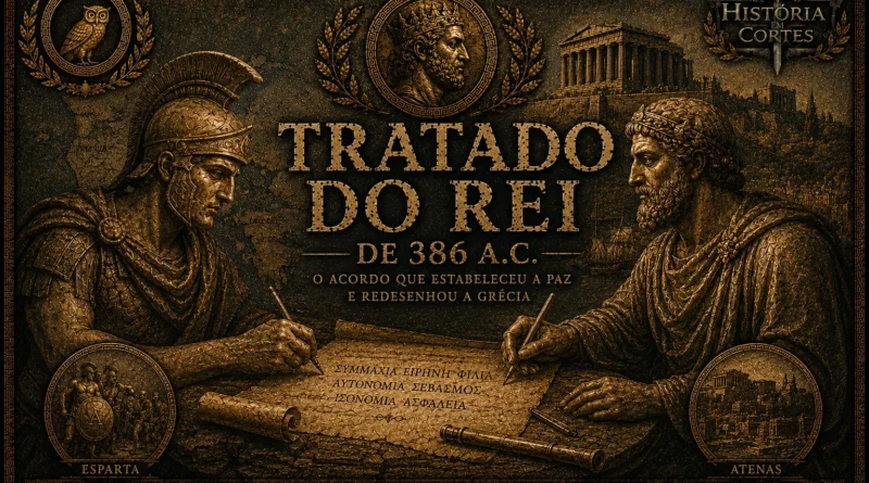 Ilustração histórica do Tratado do Rei de 386 a.C., mostrando representantes de Esparta e da Pérsia assinando o acordo que encerrou conflitos na Grécia Antiga.