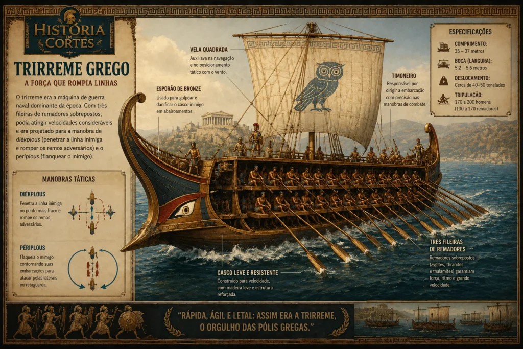 Ilustração de um trirreme grego mostrando as três fileiras de remadores e as táticas navais usadas nas guerras da Grécia Antiga