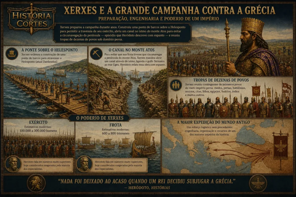Ilustração histórica mostrando Xerxes liderando o exército persa durante a preparação da invasão da Grécia, incluindo a ponte sobre o Helesponto e a frota persa