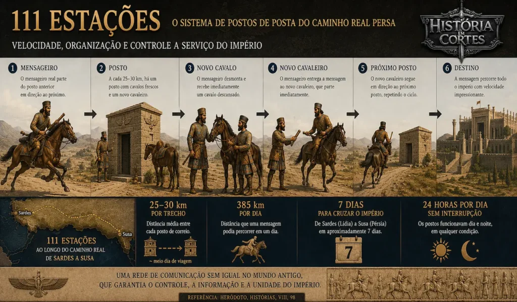 Infográfico mostrando o funcionamento do sistema de postos do Caminho Real Persa, com mensageiros aquemênidas trocando cavalos e cavaleiros a cada 25–30 quilômetros até o destino final.