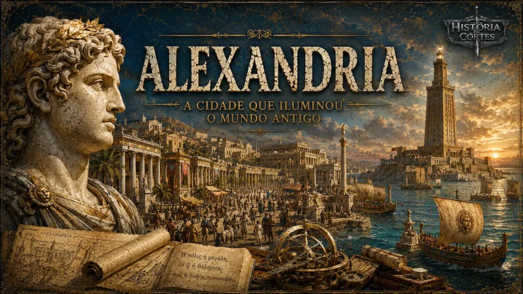 Ilustração histórica de Alexandria durante o período ptolomaico, mostrando o Farol de Alexandria, o movimentado porto mediterrânico, a grandiosidade urbana da cidade e um busto monumental de Alexandre, o Grande, no estilo visual do História em Cortes.