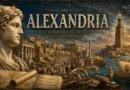 Ilustração histórica de Alexandria durante o período ptolomaico, mostrando o Farol de Alexandria, o movimentado porto mediterrânico, a grandiosidade urbana da cidade e um busto monumental de Alexandre, o Grande, no estilo visual do História em Cortes.