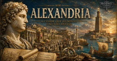 Ilustração histórica de Alexandria durante o período ptolomaico, mostrando o Farol de Alexandria, o movimentado porto mediterrânico, a grandiosidade urbana da cidade e um busto monumental de Alexandre, o Grande, no estilo visual do História em Cortes.