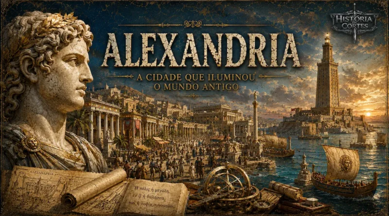 Ilustração histórica de Alexandria durante o período ptolomaico, mostrando o Farol de Alexandria, o movimentado porto mediterrânico, a grandiosidade urbana da cidade e um busto monumental de Alexandre, o Grande, no estilo visual do História em Cortes.
