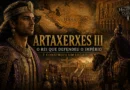 Ilustração de Artaxerxes III, rei do Império Persa Aquemênida, diante de um exército persa e de uma cidade monumental, simbolizando a restauração do poder persa no século IV a.C.