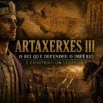Ilustração de Artaxerxes III, rei do Império Persa Aquemênida, diante de um exército persa e de uma cidade monumental, simbolizando a restauração do poder persa no século IV a.C.