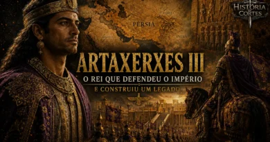 Ilustração de Artaxerxes III, rei do Império Persa Aquemênida, diante de um exército persa e de uma cidade monumental, simbolizando a restauração do poder persa no século IV a.C.