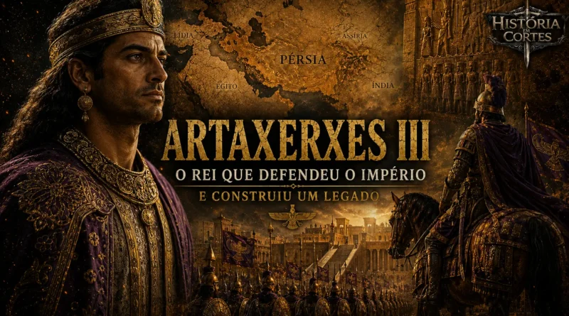 Ilustração de Artaxerxes III, rei do Império Persa Aquemênida, diante de um exército persa e de uma cidade monumental, simbolizando a restauração do poder persa no século IV a.C.