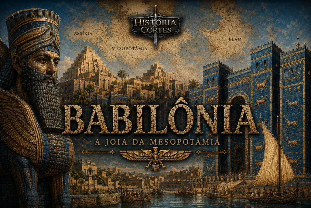 Ilustração cinematográfica da antiga cidade de Babilônia, destacando a Porta de Ishtar, muralhas monumentais, o rio Eufrates com embarcações e a grandiosidade da principal cidade da Mesopotâmia.