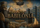 Ilustração cinematográfica da antiga cidade de Babilônia, destacando a Porta de Ishtar, muralhas monumentais, o rio Eufrates com embarcações e a grandiosidade da principal cidade da Mesopotâmia.