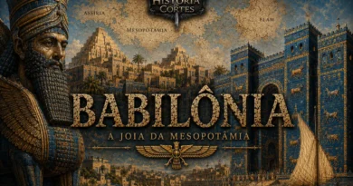 Ilustração cinematográfica da antiga cidade de Babilônia, destacando a Porta de Ishtar, muralhas monumentais, o rio Eufrates com embarcações e a grandiosidade da principal cidade da Mesopotâmia.