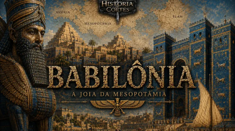 Ilustração cinematográfica da antiga cidade de Babilônia, destacando a Porta de Ishtar, muralhas monumentais, o rio Eufrates com embarcações e a grandiosidade da principal cidade da Mesopotâmia.