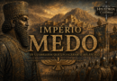 Ilustração do Império Medo mostrando um rei medo diante de seu exército e de uma cidade fortificada nas montanhas do Irã Antigo, representando a ascensão do primeiro grande império iraniano.