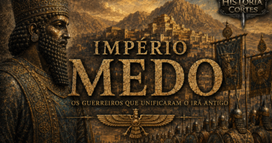 Ilustração do Império Medo mostrando um rei medo diante de seu exército e de uma cidade fortificada nas montanhas do Irã Antigo, representando a ascensão do primeiro grande império iraniano.