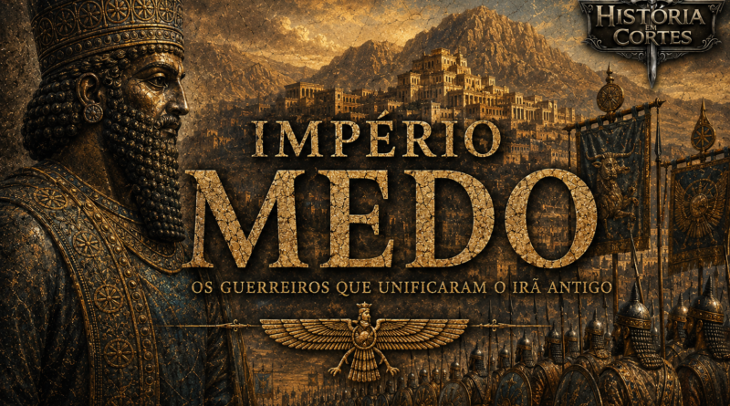 Ilustração do Império Medo mostrando um rei medo diante de seu exército e de uma cidade fortificada nas montanhas do Irã Antigo, representando a ascensão do primeiro grande império iraniano.
