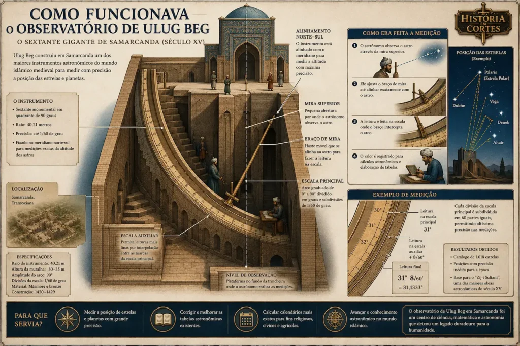 Diagrama em corte mostrando o funcionamento do observatório de Ulugh Beg em Samarcanda, com sextante gigante, escalas de medição e observação das estrelas.