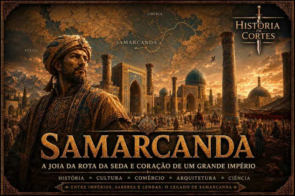 Capa ilustrada sobre Samarcanda, com arquitetura islâmica monumental, mercado da Rota da Seda, mapa da Ásia Central e logo História em Cortes.