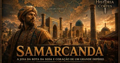 Capa ilustrada sobre Samarcanda, com arquitetura islâmica monumental, mercado da Rota da Seda, mapa da Ásia Central e logo História em Cortes.